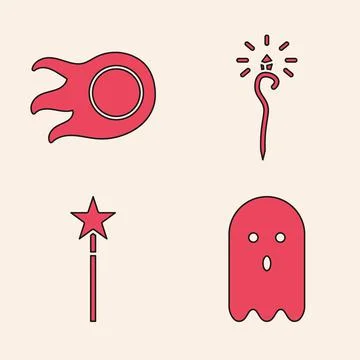 Set Ghost, Fireball, Magic staff and Magic wand icon. Vector Stock Illustration