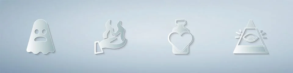 Set Ghost, Hand holding fire, Bottle with love potion and All-seeing eye of God Ilustração Stock