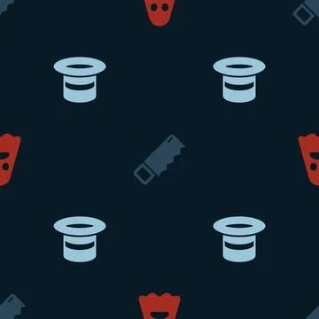 Set Ghost, Hand saw and Magic hat on seamless pattern. Vector Stock Illustration