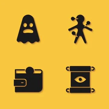 Set Ghost, Magic scroll, Wallet and Voodoo doll icon with long shadow. Vector Stock Illustration