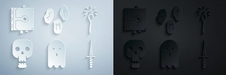 Set Ghost, Magic staff, Skull, Dagger, runes and Ancient magic book icon. Vector Stock Illustration