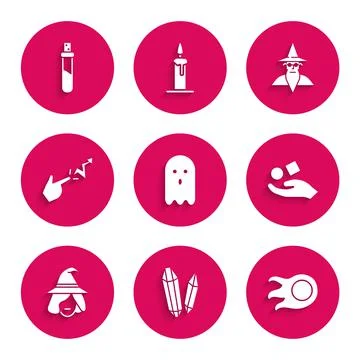 Set Ghost, Magic stone, Fireball, Cube levitating above hand, Witch, Spell Illustrazione stock
