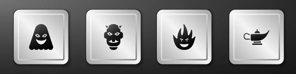 Set Ghost, Mask of the devil with horns, Fire flame and Magic lamp Aladdin .. Illustrazione stock