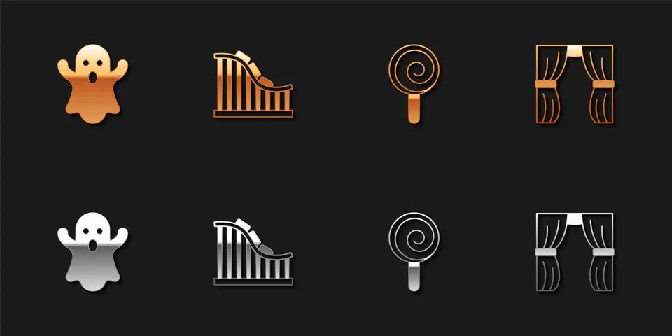 Set Ghost, Roller coaster, Lollipop and Circus curtain raises icon. Vector イラスト素材