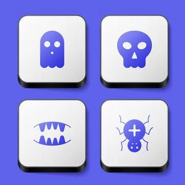 Set Ghost, Skull, Vampire teeth and Spider icon. White square button. Vector Stock Illustration