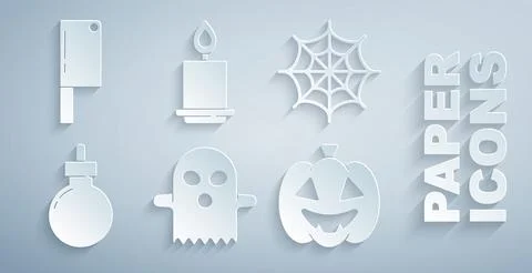 Set Ghost, Spider web, Bomb ready to explode, Pumpkin, Burning candle and Meat Stock Illustration