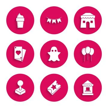 Set Ghost, Ticket, box office, Balloons with ribbon, Joystick for arcade machine Stock Illustration