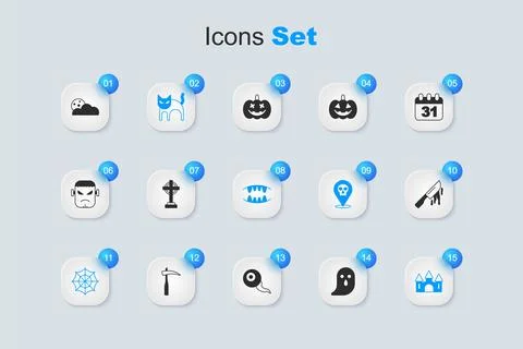 Set Ghost, Tombstone with cross, Black cat, Spider web, Castle, Bloody knif.. Stock Illustration