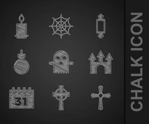 Set Ghost, Tombstone with cross, Castle, Calendar Halloween, Bomb ready explode Stock Illustration