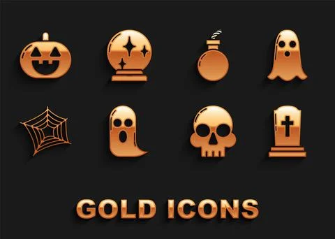 Set Ghost, Tombstone with cross, Skull, Spider web, Bomb ready explode, Pumpkin Stock Illustration