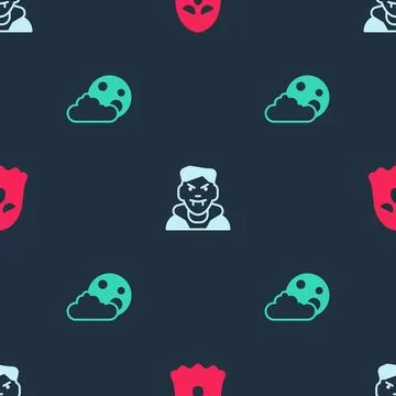 Set Ghost, Vampire and Moon and stars on seamless pattern. Vector Stock Illustration