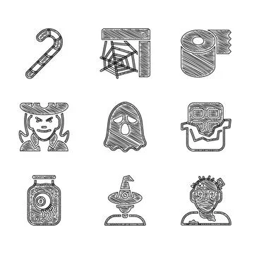Set Ghost, Witch, Zombie mask, Chocolate bar, Eye in jar, Toilet paper roll.. Stock Illustration