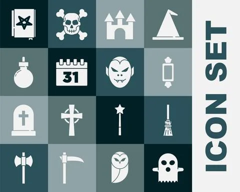 Set Ghost, Witches broom, Candy, Castle, Calendar with Halloween, Bomb ready to Stock Illustration