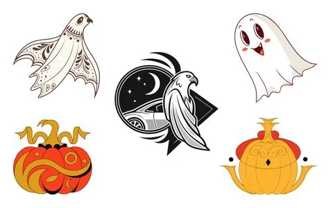 Set of ghostly birds and decorative pumpkins with eagle emblem for artistic.. Illustrazione stock