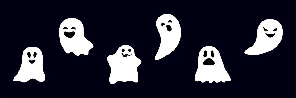 Set of ghosts with scary smiling faces for Halloween. Vector flat style illus Illustrazione stock