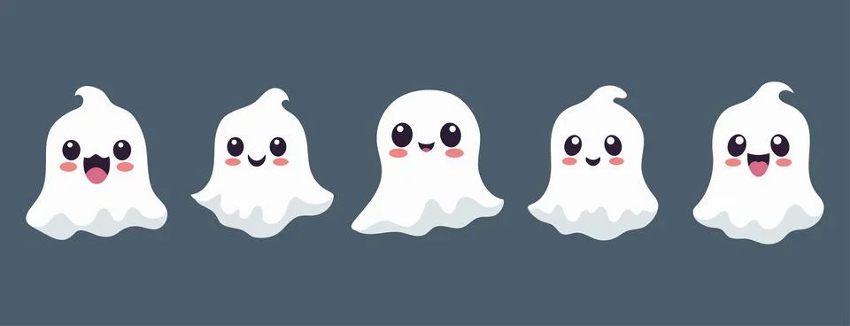 Set of ghosts with smiling faces for Halloween. Vector flat style illustrat.. Illustrazione stock
