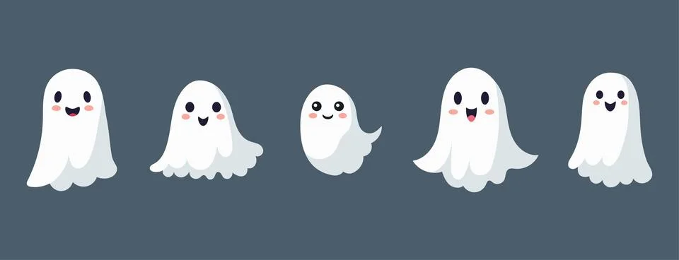 Set of ghosts with smiling faces for Halloween. Vector flat style illustrat.. Illustrazione stock
