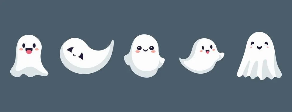 Set of ghosts with smiling faces for Halloween. Vector flat style illustrat.. Illustrazione stock