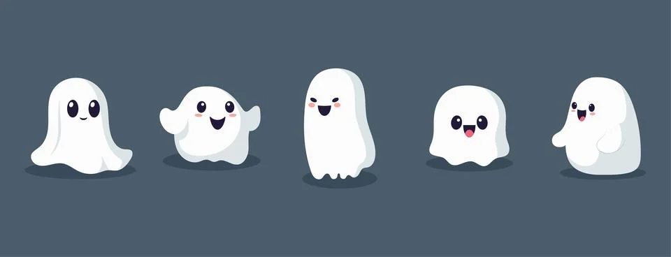 Set of ghosts with smiling faces for Halloween. Vector flat style illustrat.. Illustrazione stock
