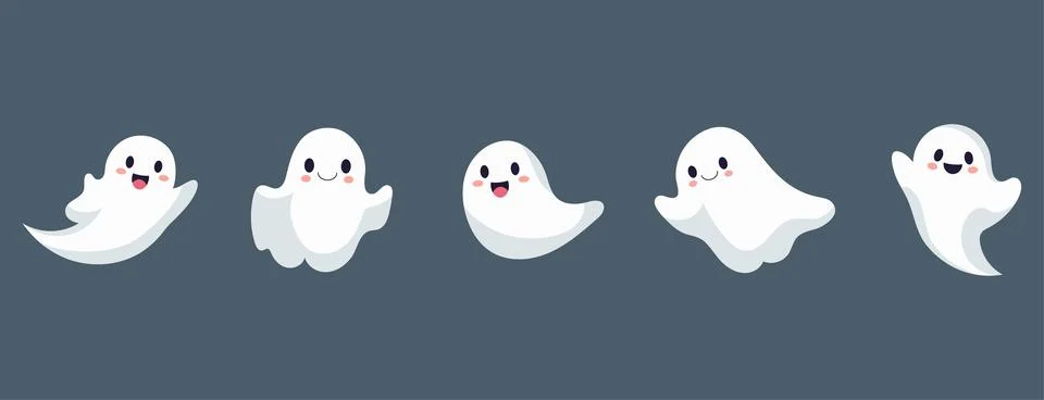 Set of ghosts with smiling faces for Halloween. Vector flat style illustrat.. Illustrazione stock