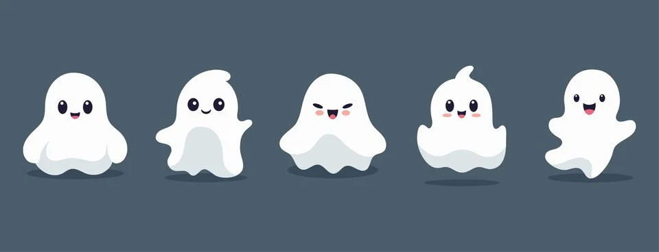 Set of ghosts with smiling faces for Halloween. Vector flat style illustrat.. Illustrazione stock