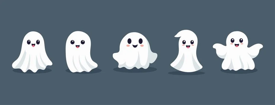 Set of ghosts with smiling faces for Halloween. Vector flat style illustrat.. Illustrazione stock
