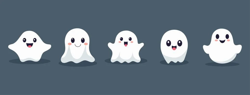 Set of ghosts with smiling faces for Halloween. Vector flat style illustrat.. Illustrazione stock