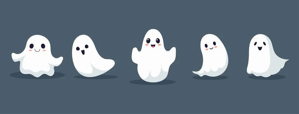 Set of ghosts with smiling faces for Halloween. Vector flat style illustrat.. Illustrazione stock