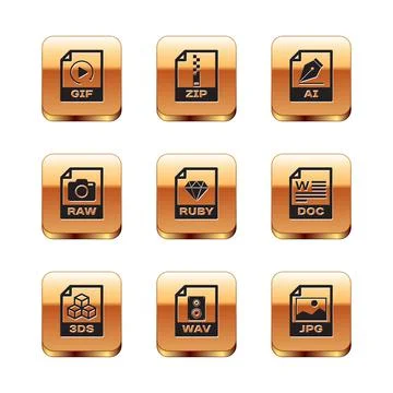Set GIF file document, 3DS, WAV, RUBY, RAW and AI icon. Vector Illustrazione stock