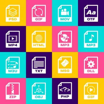 Set GIF file document, DLL, MP3, MOV, HTML and MP4 icon. Vector Stock Illustration