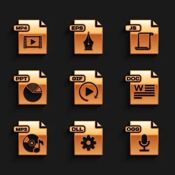 Set GIF file document, DLL, OGG, DOC, MP3, PPT, JS and MP4 icon. Vector イラスト素材