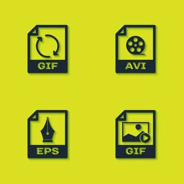 Set GIF file document, , EPS and AVI icon. Vector Stock Illustration