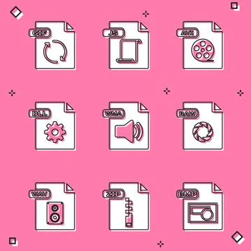 Set GIF file document, JS, AVI, DLL, WMA, RAW, WAV and ZIP icon. Vector Stock Illustration