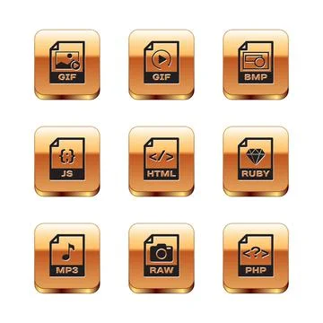 Set GIF file document, MP3, RAW, HTML, JS and BMP icon. Vector Stock Illustration