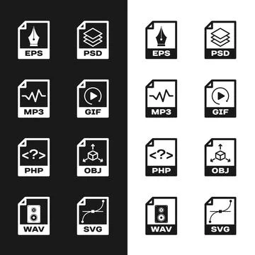Set GIF file document, MP3, EPS, PSD, PHP and OBJ icon. Vector イラスト素材