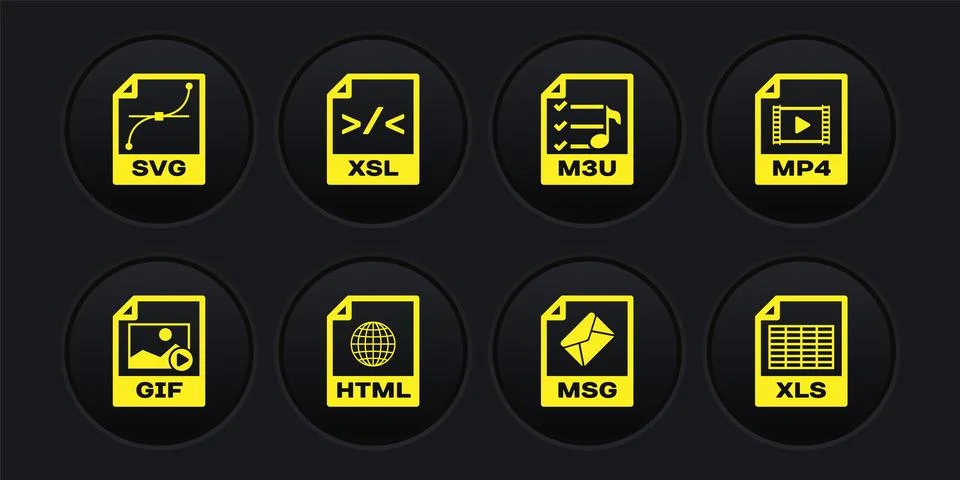 Set GIF file document, MP4, HTML, MSG, M3U and XSL icon. Vector Stock Illustration
