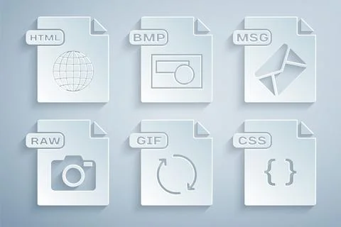 Set GIF file document, MSG, RAW, CSS, BMP and HTML icon. Vector Stockillustratie