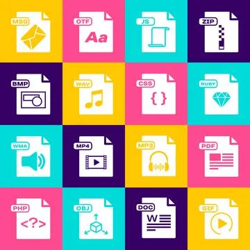 Set GIF file document, PDF, RUBY, JS, WAV, BMP, MSG and CSS icon. Vector イラスト素材