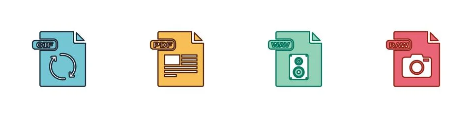 Set GIF file document, PDF, WAV and RAW icon. Vector 스톡 일러스트