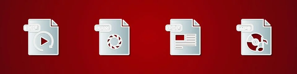 Set GIF file document, RAW, PDF and MP3 icon. Vector Stock Illustration
