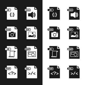 Set GIF file document, RAW, JS, WMA, BMP, XSL and PHP icon. Vector 스톡 일러스트