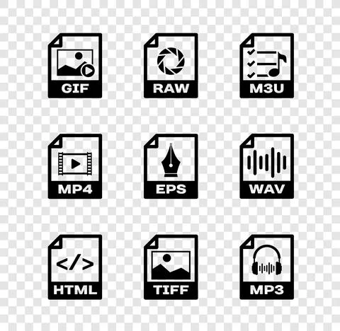 Set GIF file document, RAW, M3U, HTML, TIFF and MP3 icon. Vector 库存插图