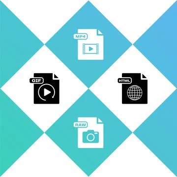 Set GIF file document, RAW, MP4 and HTML icon. Vector Stock Illustration