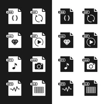 Set GIF file document, RUBY, CSS, MP3, RAW, XLS and icon. Vector Illustration