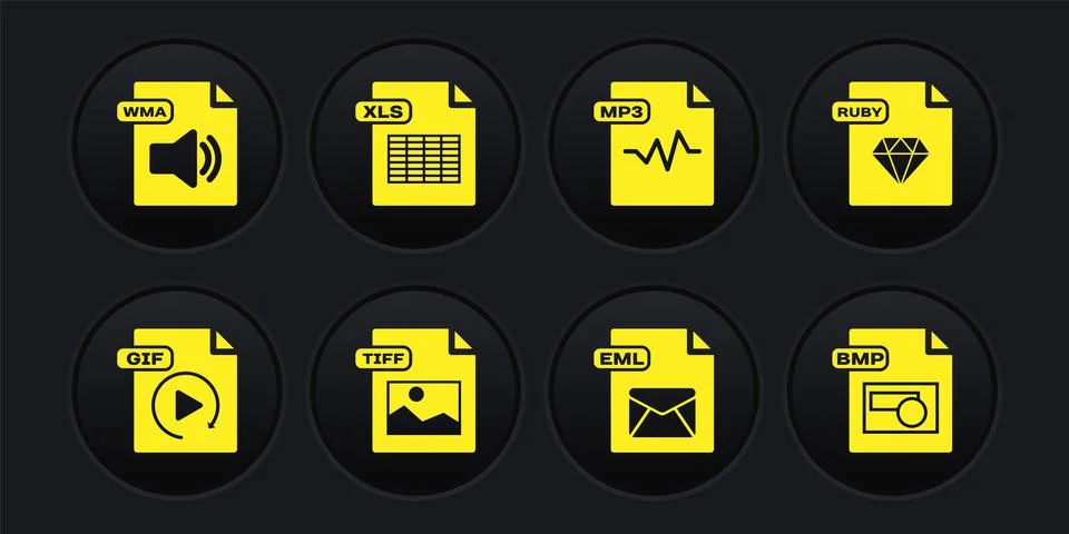Set GIF file document, RUBY, TIFF, EML, MP3, XLS, BMP and WMA icon. Vector Illustrazione stock