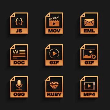 Set GIF file document, RUBY, MP4, , OGG and DOC icon. Vector 스톡 일러스트