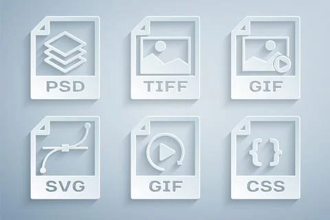 Set GIF file document, , SVG, CSS, TIFF and PSD icon. Vector Stock Illustration