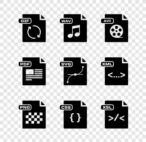 Set GIF file document, WAV, AVI, PNG, CSS, XSL, PDF and SVG icon. Vector Stock Illustration