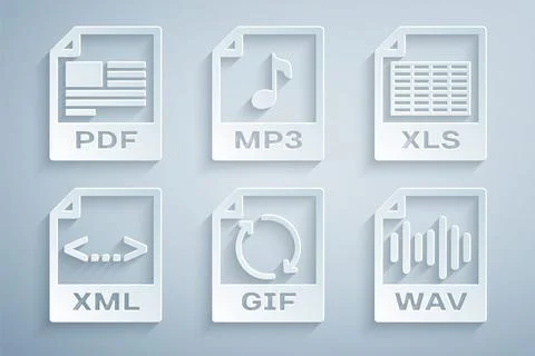 Set GIF file document, XLS, XML, WAV, MP3 and PDF icon. Vector Stock Illustration