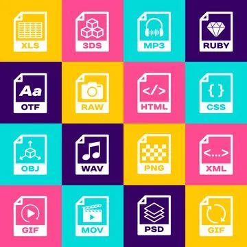 Set GIF file document, XML, CSS, MP3, RAW and OTF icon. Vector Illustration
